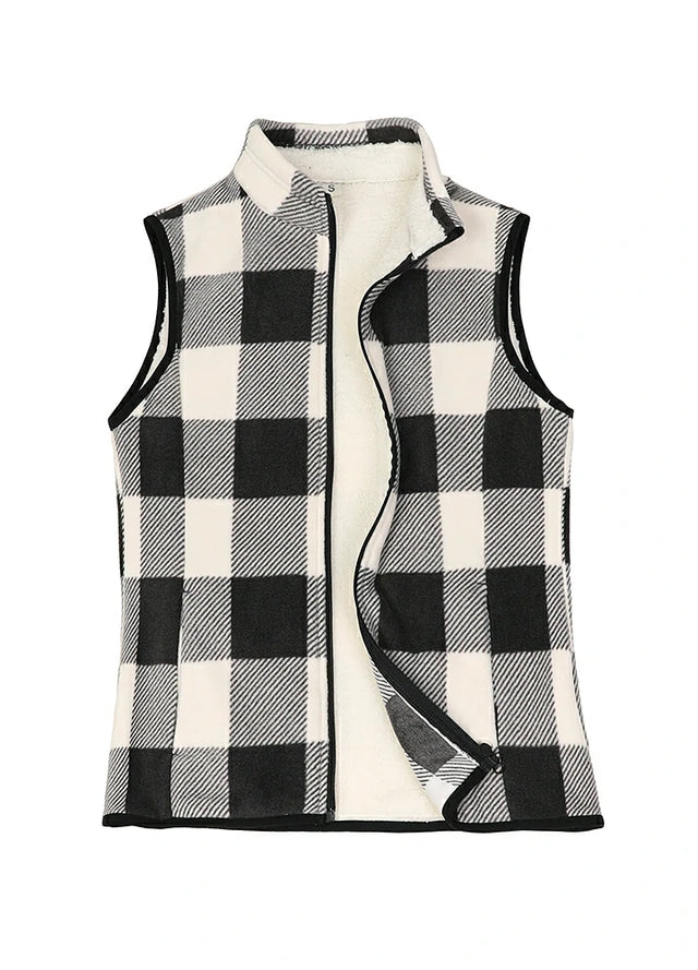 Warm cozy sherpa-linen black white plaid sweater fleece vest for women