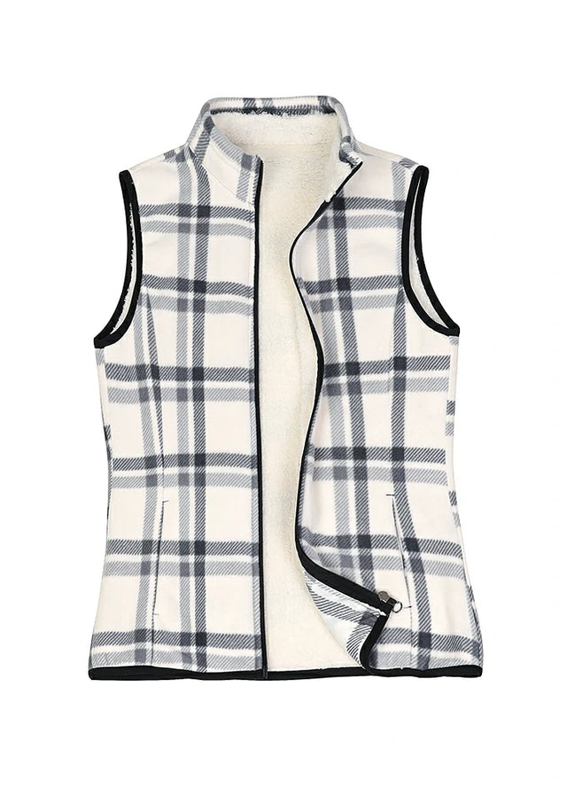Warm cozy sherpa-linen white plaid sweater fleece vest for women
