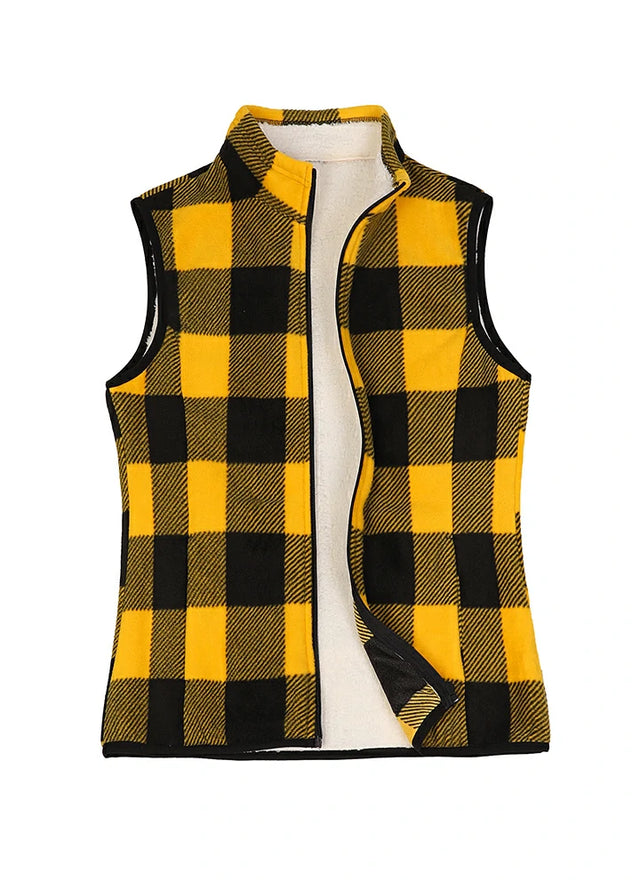 Warm cozy sherpa-linen yellow black sweater fleece vest for women