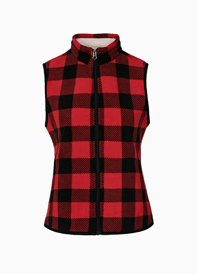 Front view of a women's red black sweater fleece vest with sherpa lined