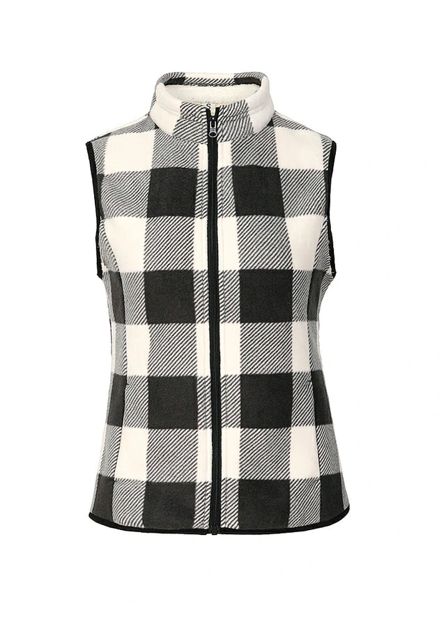 Front view of a women's black white sweater fleece vest with sherpa lined