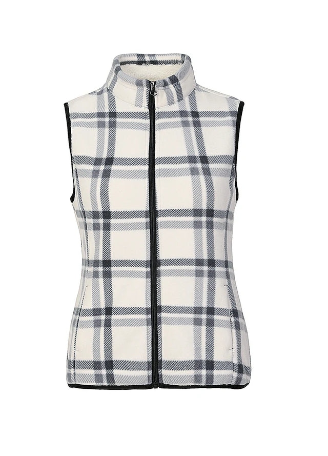 Front view of a women's white sweater fleece vest with sherpa lined