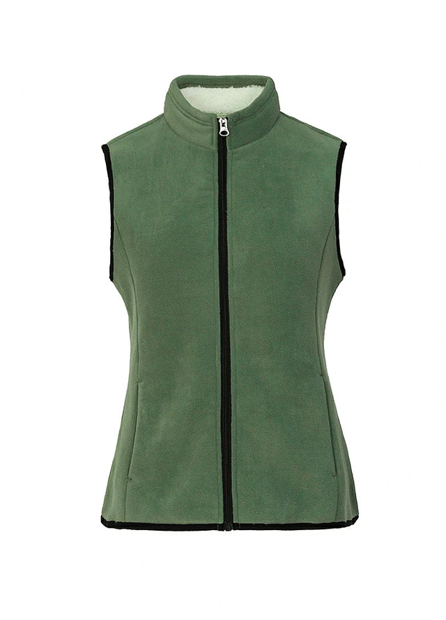Front view of a women's forest green sweater fleece vest with sherpa lined