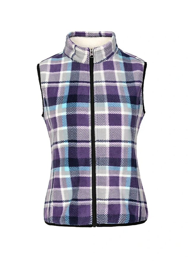 Front view of a women's purple black sweater fleece vest with sherpa lined