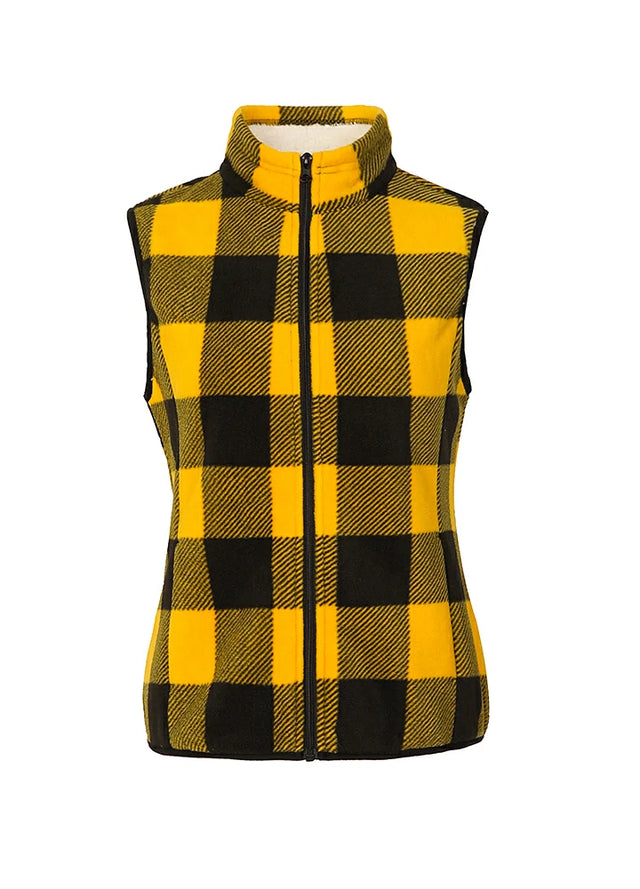 Front view of a women's yellow black sweater fleece vest with sherpa lined