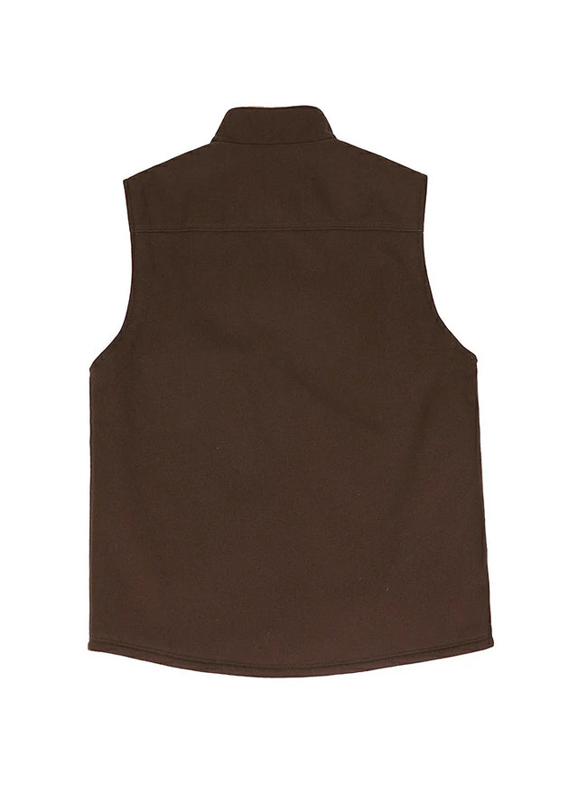 Back view of the coffee men's zip closure sherpa lined vest