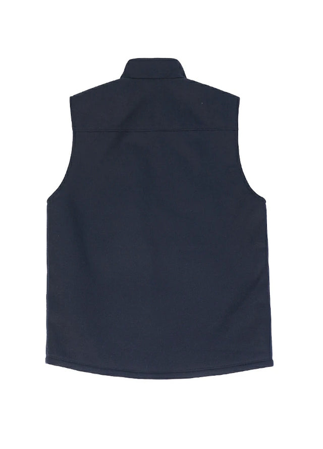 Back view of the navy men's sherpa lined canvas work vest