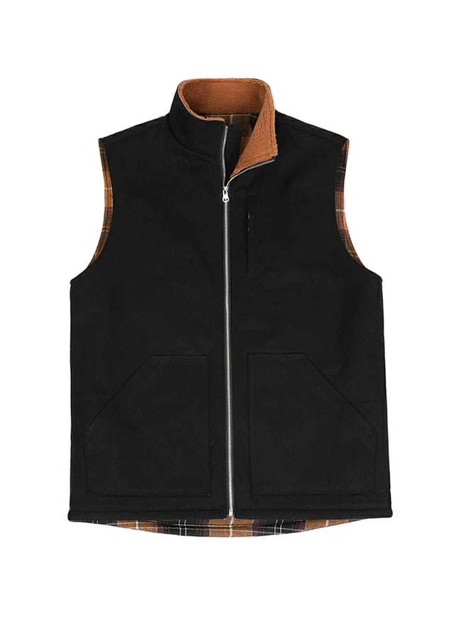 Front view of the black men's sherpa lined canvas vest