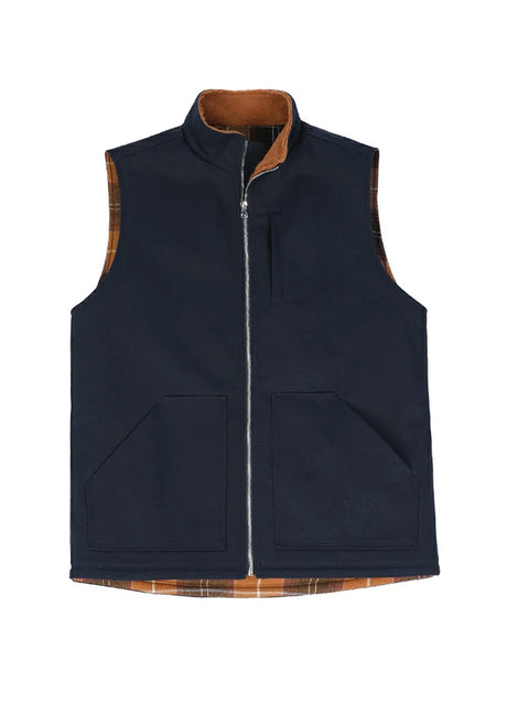Front view of the navy men's sherpa lined canvas work vest
