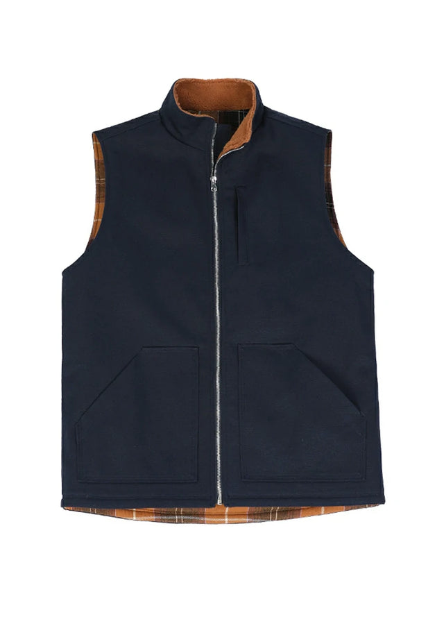 Front view of the navy men's sherpa lined canvas work vest