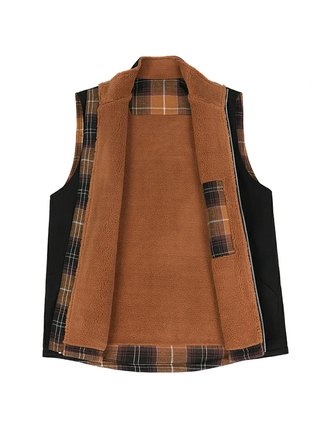 Front view of the lining of black men's sherpa lined canvas vest