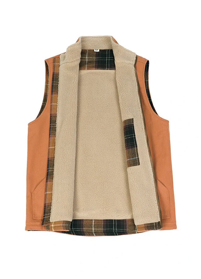 Front view of the lining of the brown men's durable sherpa lined canvas vest