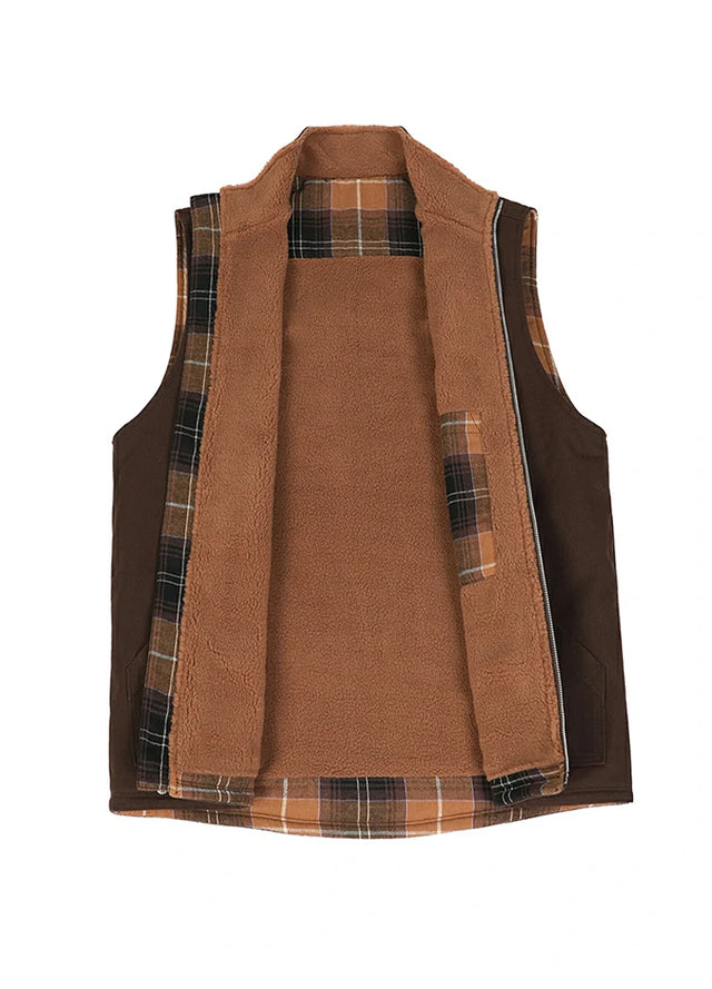 Front view of the lining of the coffee men's zip closure sherpa lined vest