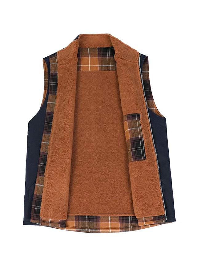 Front view of the lining of the navy men's sherpa lined canvas work vest