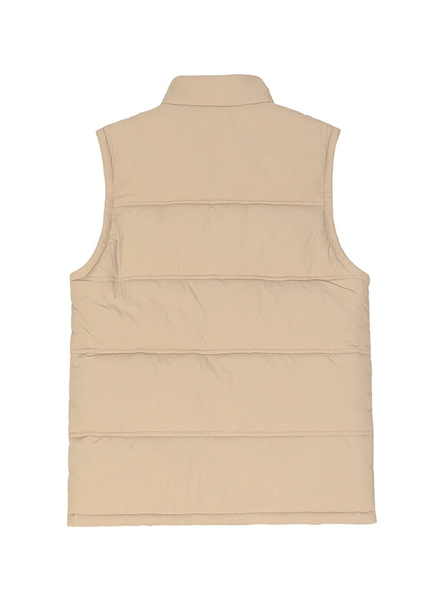 Back view of light khaki men's cozy zipper flannel lined puffer vest