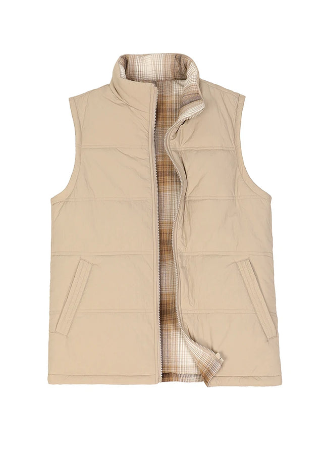 Front view of light khaki men's flannel lined puffer vest