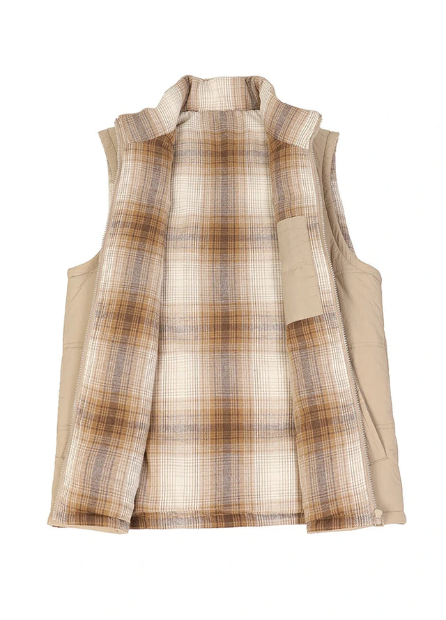 Front view of the lining of light khaki men's zipper lightweight flannel lined puffer vest
