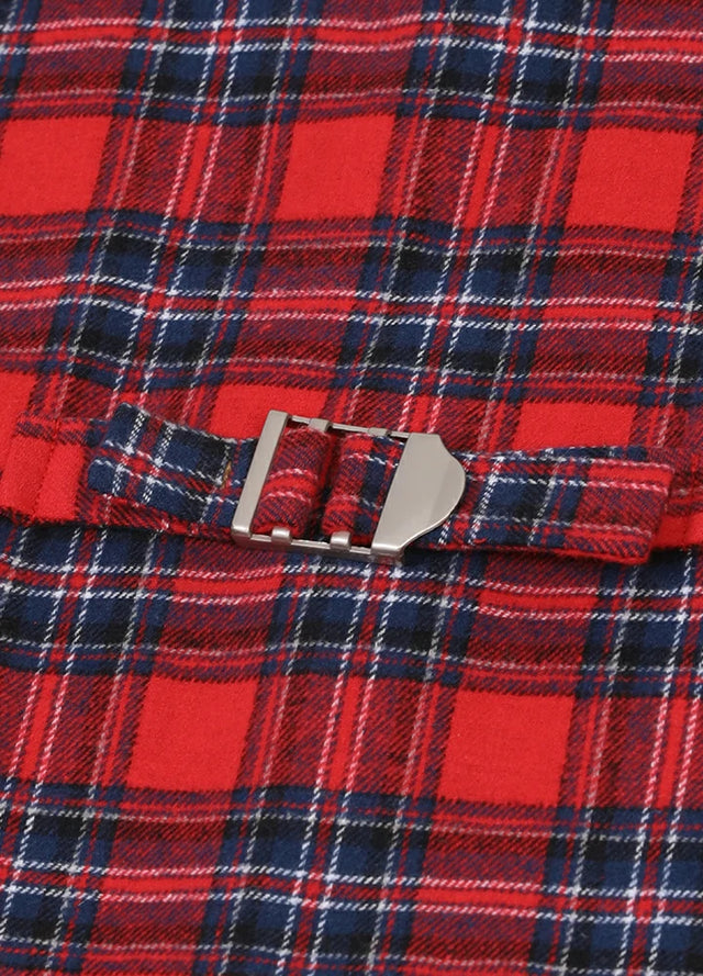 Detail of the back buckle on the back of the kids crimson navy dressy suit vest