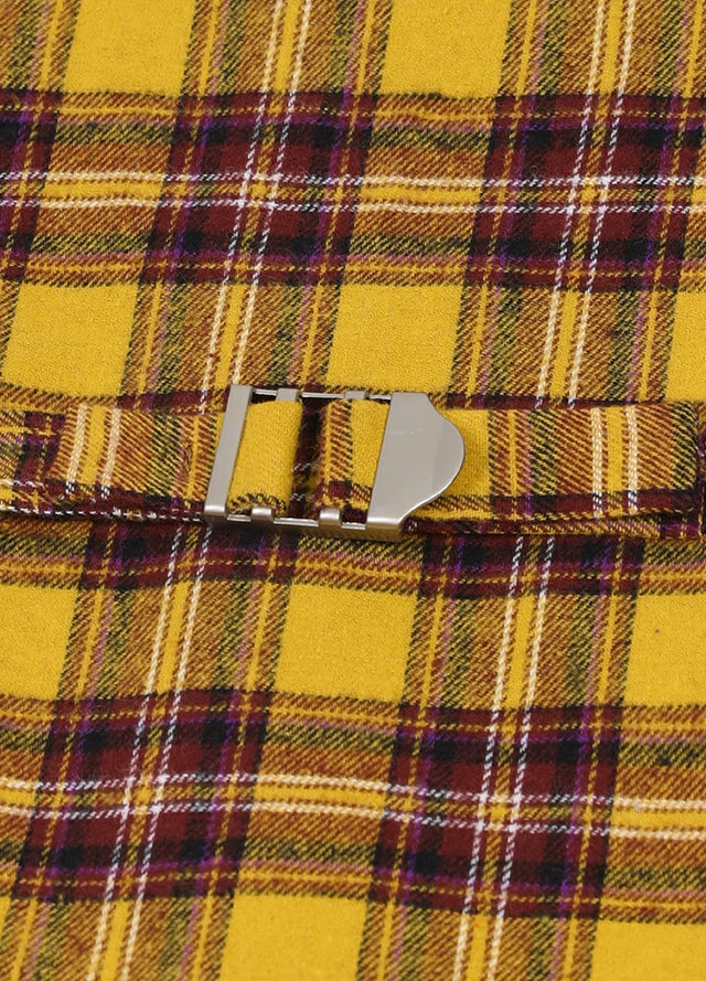 Detail of the back buckle on the back of kids golden yellow plum dressy suit vest