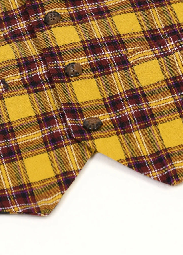 Detailed view of kids golden yellow 4-button single on dressy suit vest