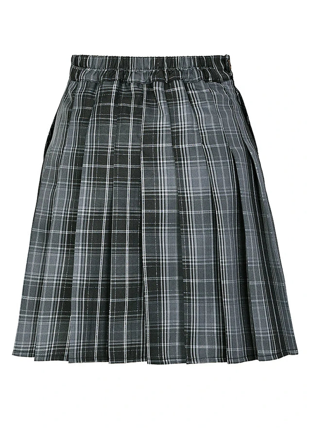 Back view of a women's black gray plaid pleated skirt with built-in elastic shorts
