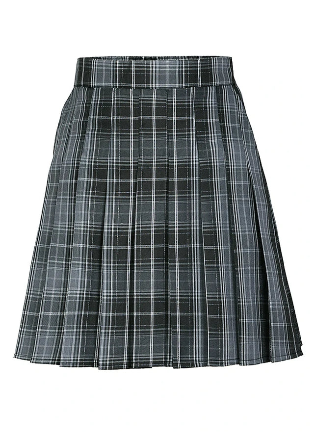 Front view of a womens black and gray side button plaid mini skirt