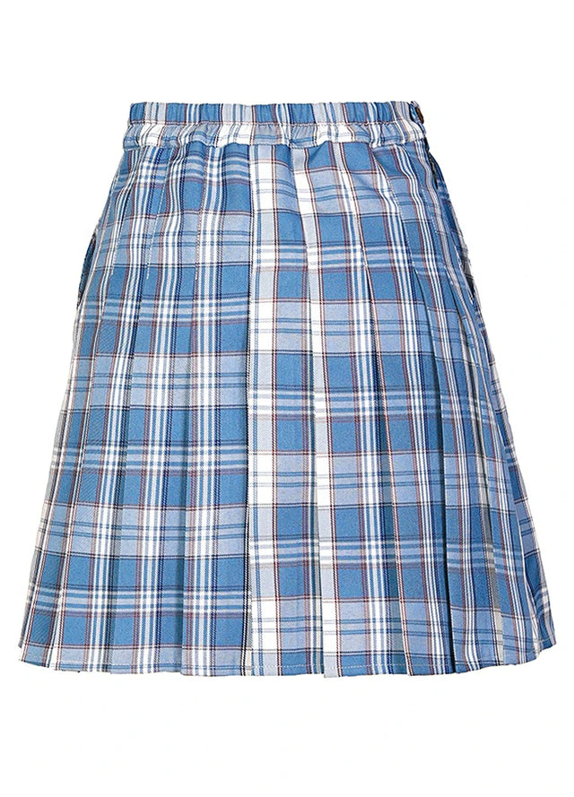Back view of a women's white blue plaid pleated skirt with built-in elastic shorts