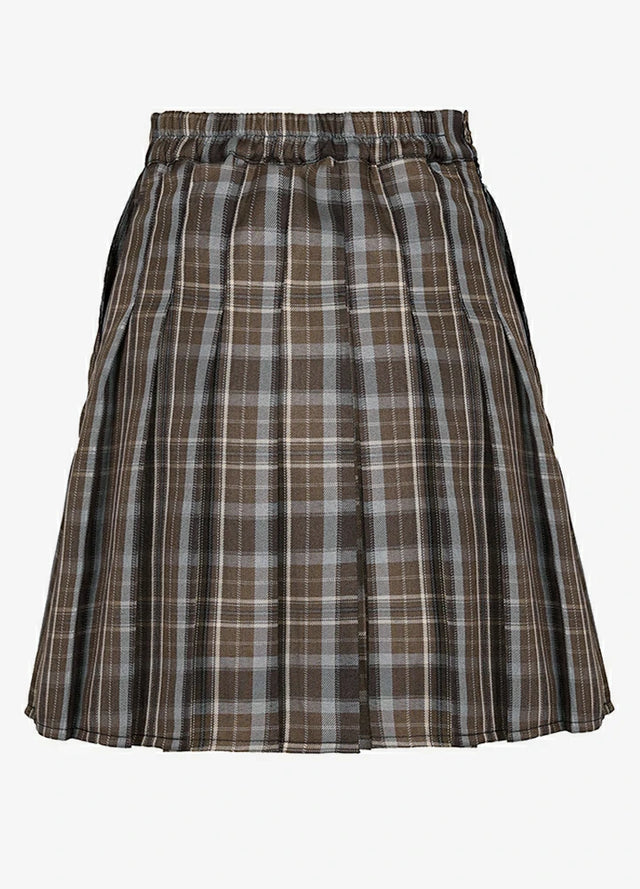 Back view of a women's brown chocolate plaid pleated skirt with built-in elastic shorts