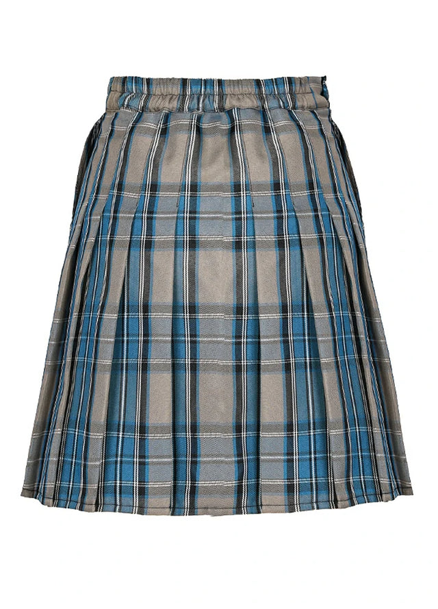Back view of a women's gray blue plaid pleated skirt with built-in elastic shorts