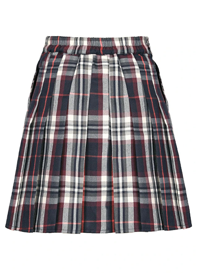 Back view of a women's navy burgundy plaid pleated skirt with built-in elastic shorts