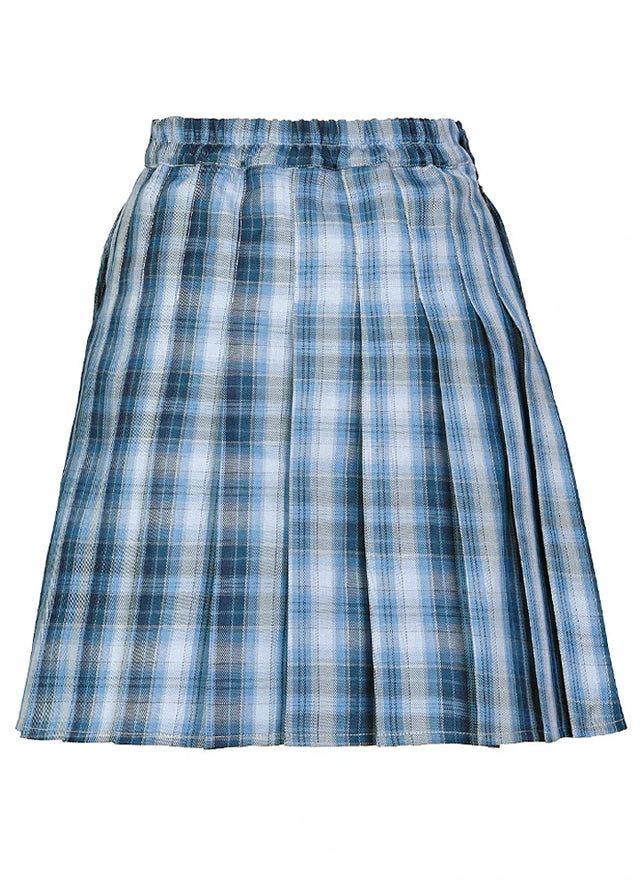 Back view of a women's royal blue plaid pleated skirt with built-in elastic shorts