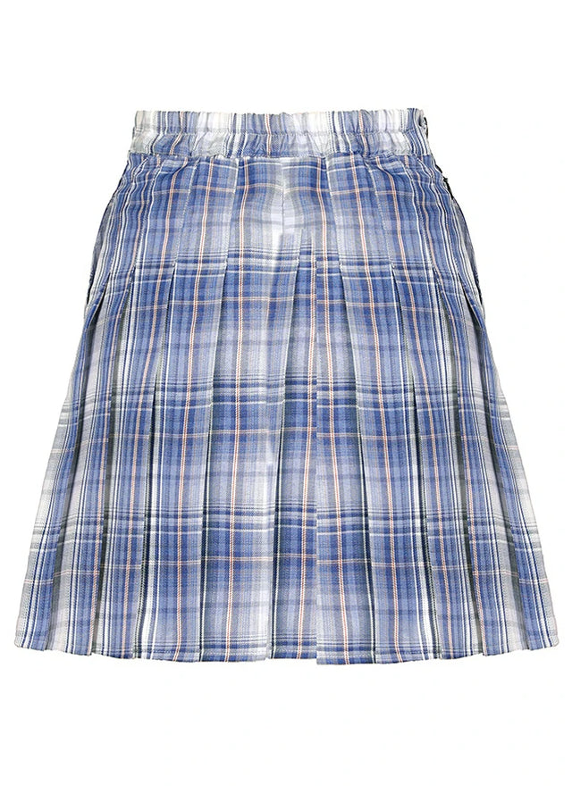 Back view of a women's blue white plaid pleated skirt with built-in elastic shorts