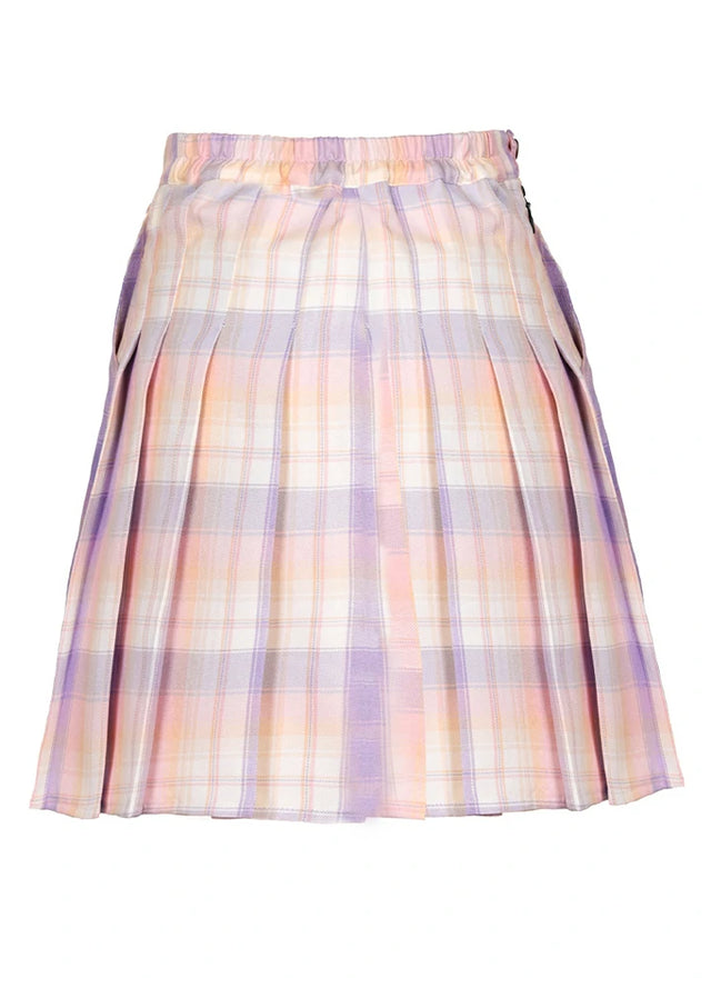 Back view of a women's pink blue plaid pleated skirt with built-in elastic shorts