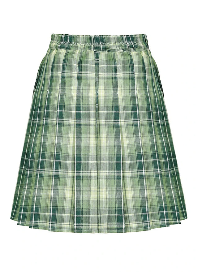 Back view of a women's green plaid pleated skirt with built-in elastic shorts