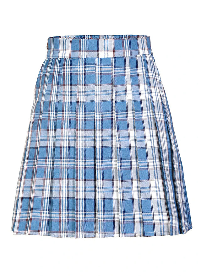 Front view of a womens side button blue white plaid mini skirt