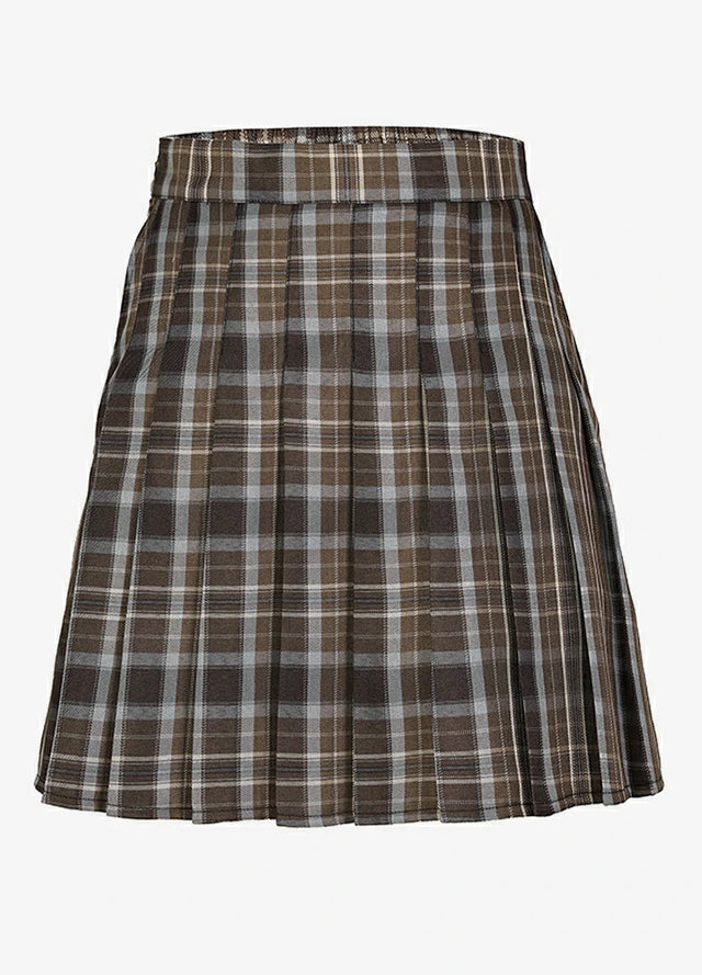 Front view of a womens chocolate brown side button plaid mini skirt
