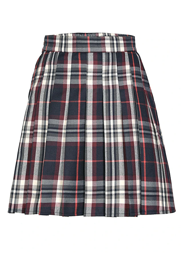 Front view of a womens navy burgundy side button plaid mini skirt