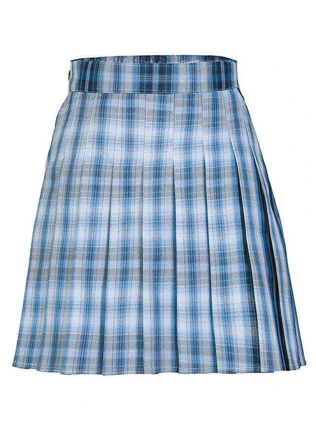 Front view of a womens side button royal blue plaid mini skirt