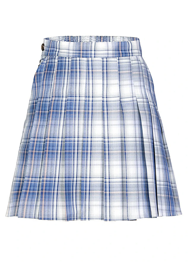 Front view of a womens blue and white side button plaid mini skirt