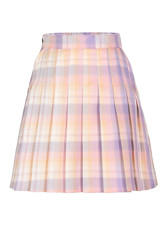 Front view of a womens side button pink blue plaid mini skirt