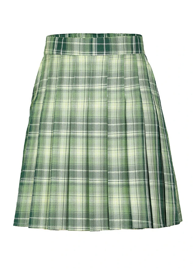 Front view of a womens side button green plaid mini skirt