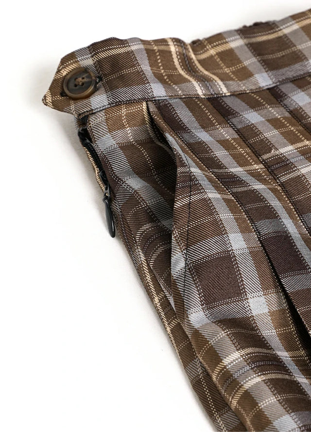 Close-up of women's chocolate brown high-waisted mini skirt side pocket