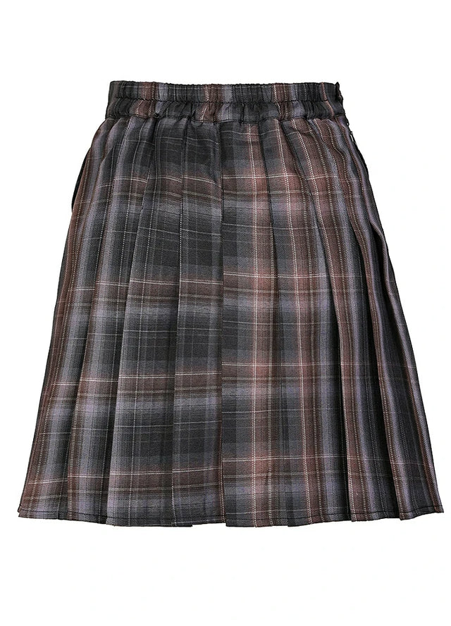 Back view of a women's gray pink plaid pleated skirt with built-in elastic shorts