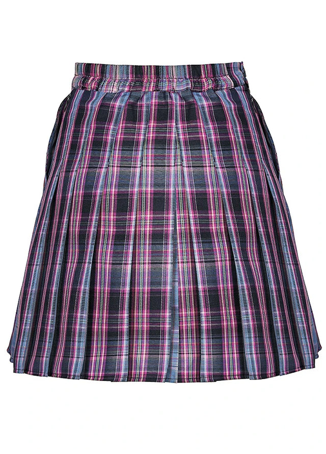Back view of a women's purple blue plaid pleated skirt with built-in elastic shorts