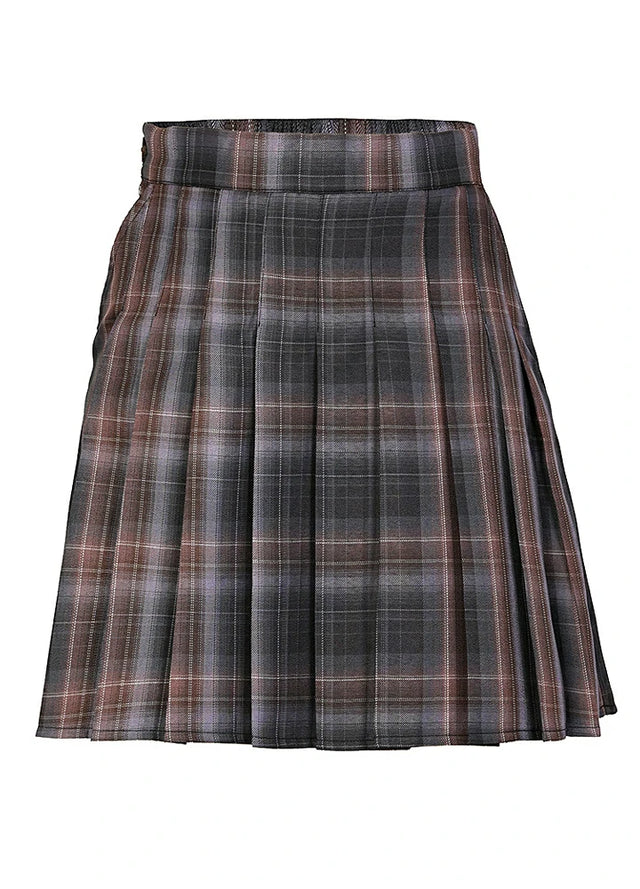 Front view of a womens gray pink side button plaid mini skirt