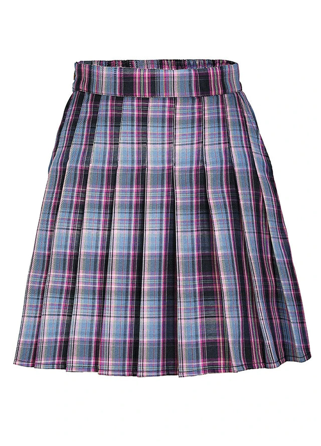 Front view of a womens purple blue side button plaid mini skirt