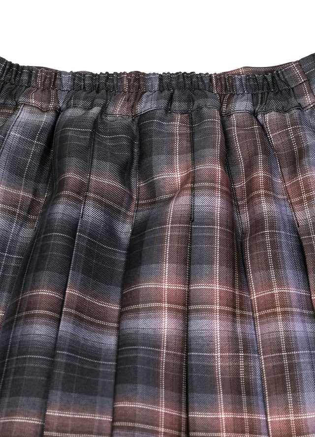 Detailed view of womens side button gray pink plaid mini pleated skirt elastic waist