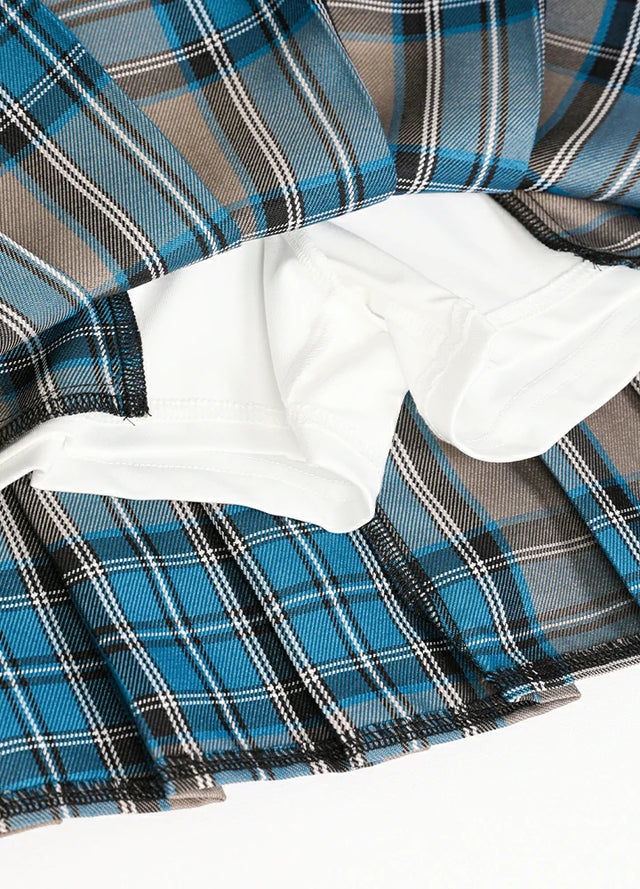 Zoomed-in view of the built-in elastic shorts on a women's gray blue plaid mini skirt