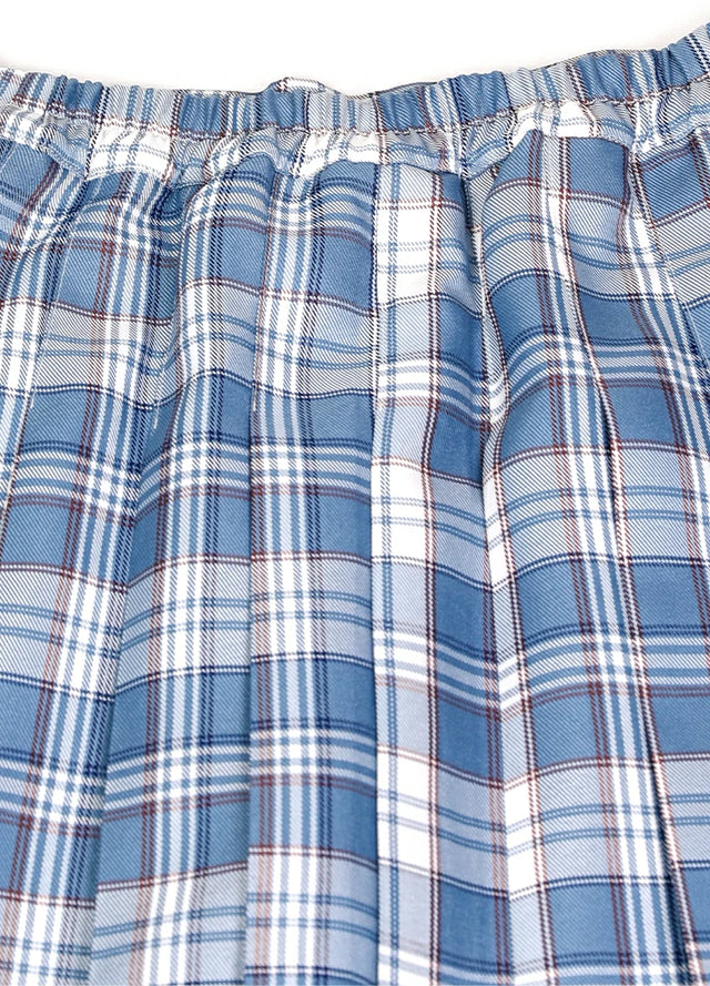 Detailed view of womens side button white blue plaid mini pleated skirt elastic waist