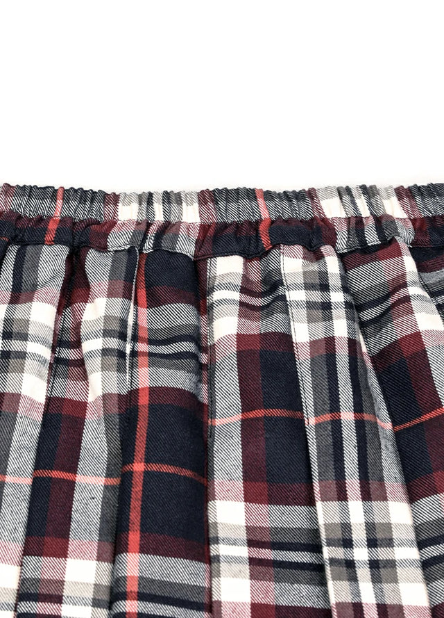 Detailed view of womens side button navy burgundy plaid mini pleated skirt elastic waist